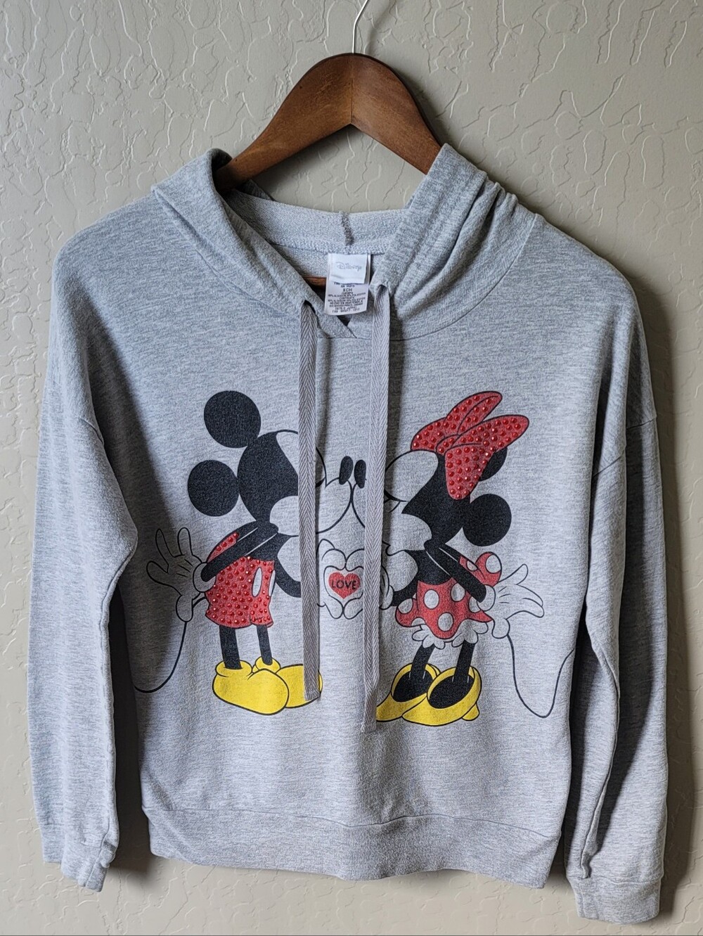 Disney Mickey & Minnie Mouse Love Rhinestone Gray Hoodie XS Women's